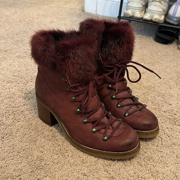 Steve Madden Huck Burgundy Leather Faux Fur Lace-Up Boots - Picture 3 of 8